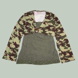 VTG Y2K Knit Werks Girls XXL Jr Medium Camo Crop Cardigan Lace Camisole Tank Set